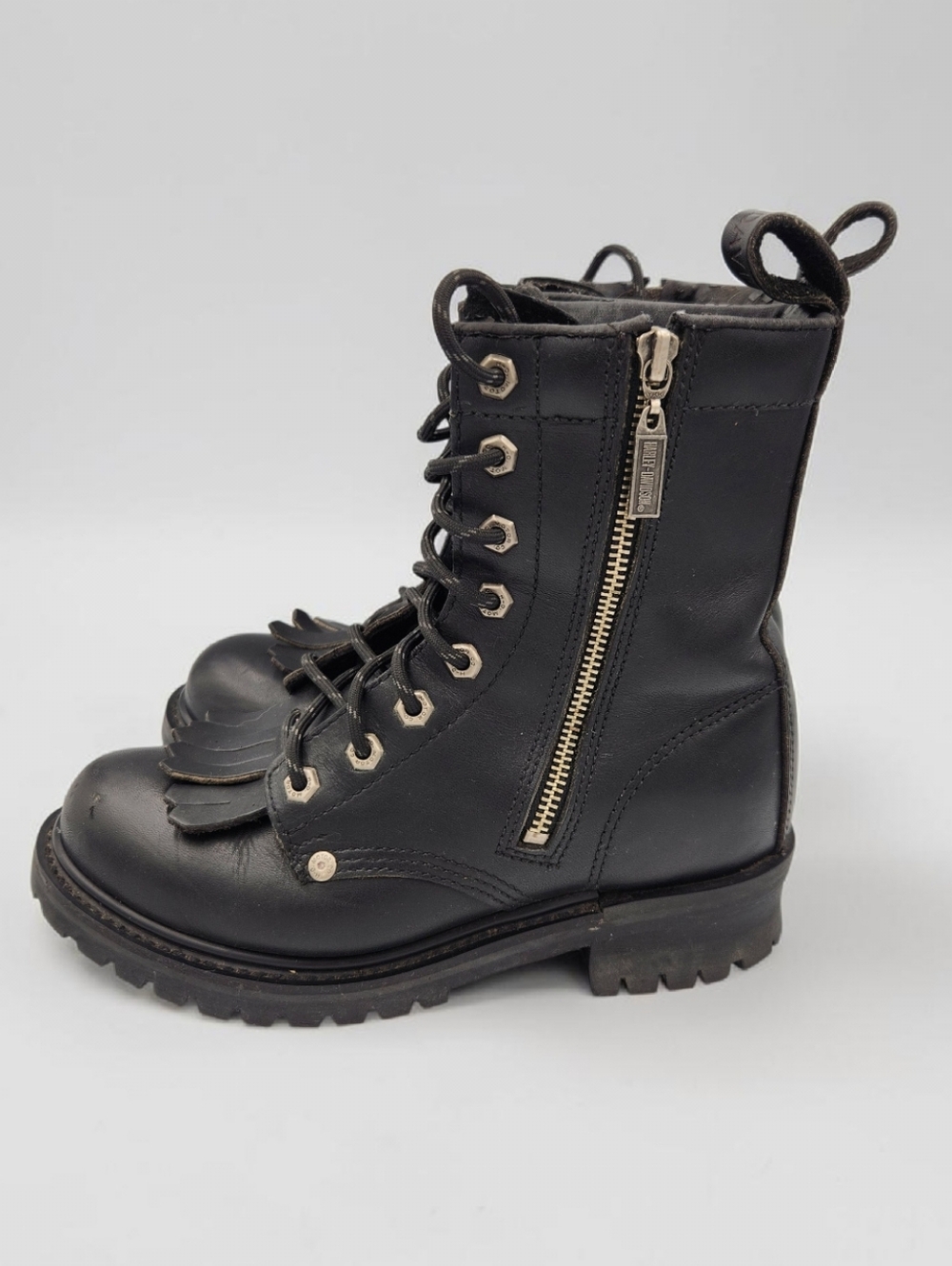 Harley Davidson Fringe Kiltie Biker Boots Womens 8 Black Leather Ankle Lug Moto - Picture 4 of 12